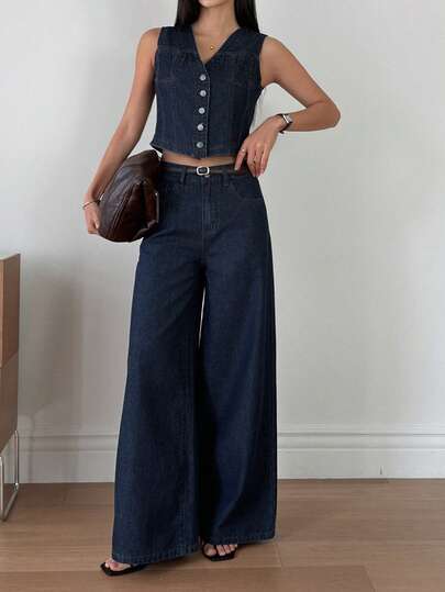 DAZY Women's V-Neck Sleeveless Cardigan And Loose Wide-Leg Jeans Casual Suit