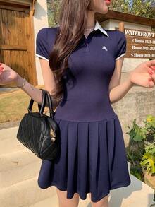 SHEIN K-Vae 优雅的 Polo 领刺绣拼接修身连衣裙 - 藏蓝色 - 查看 5