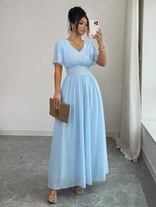 Elenzga 女士夏季浅蓝色雪纺V领褶皱荷叶袖连衣裙，轻盈优雅的法式飘逸长裙，适合约会和聚会 - 藍色 - 查看 7