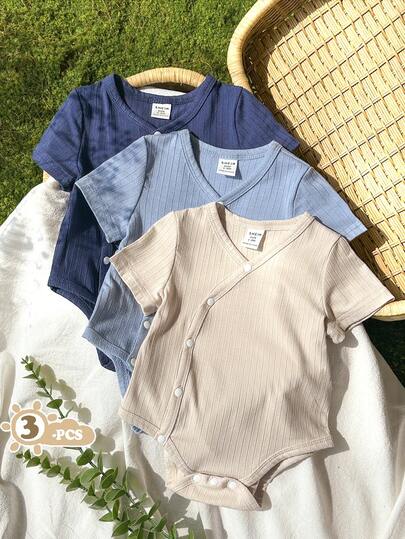 SHEIN Vintaside Kids 3pcs/Set Newborn/Infant/Toddler Boys/Girls Cute Casual Minimalist Comfortable Soft Breathable Short Sleeve Romper, Adorable Bear Print Pattern, Suitable For Spring, Summer, Autumn, Winter, Daily Wear, Birthday Party, Photography