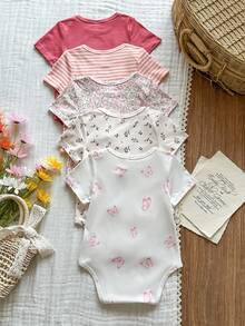SHEIN Vintaside Kids 5件套女婴柔软舒适圆领纯色糖果连体衣，时尚休闲日常穿着，易于穿脱，短袖短裤款式，春夏款 - 彩色 - 查看 3