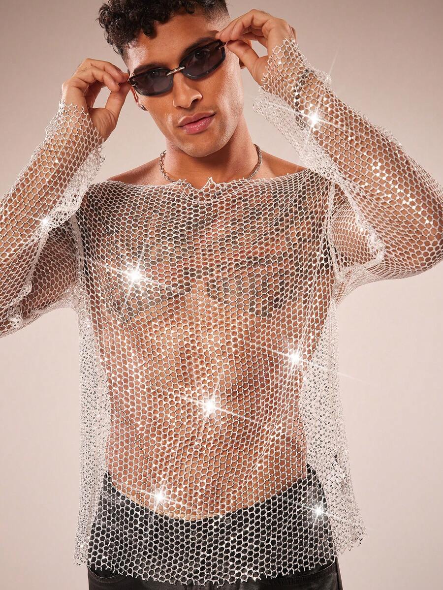 FeverCity Men's Boat Neck Long Sleeve Shiny Mesh T-Shirt - Silver - View 1