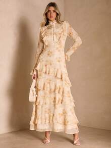 Enchnt 时尚优雅修身不对称荷叶边下摆连衣裙 - 杏色 - 查看 4