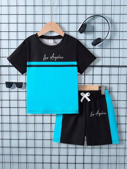 Genkimix Kids 2pcs/Set Young Boys Street Style Round Neck Short Sleeve T-Shirt + Shorts, Summer Getaway, Holiday, Travel, Relax, Sunbathing