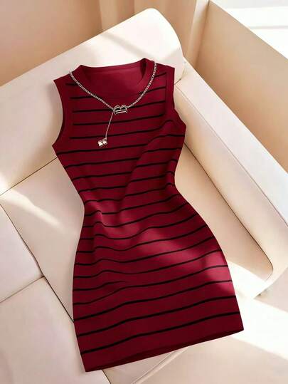 Resyla Vestido de mujer de cuello redondo ajustado sin mangas con estampado de rayas, primavera/verano