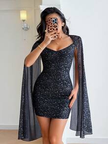 SHEIN Raffinéa 女士优雅性感不对称波点金属印花黑色针织短裙，适合晚宴、春夏穿着 - 黑色 - 查看 5