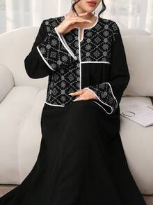 Al Najma New Middle Eastern Style Blend Printed Patchwork Bohemian Long Tunic - Black - View 7