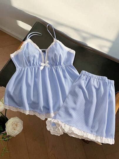 Sweetra Plus Size Casual Striped Camisole & Shorts 2 Pieces Set