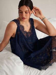 Freevana Đầm ren xuyên thấu màu trơn cỡ lớn không tay - Màu xanh hải quân - Xem 4