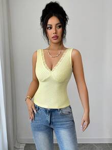 Rafferiza Débardeur élégant, délicat et sexy pour sortie en extérieur, en tricot texturé avec patchwork en dentelle, de couleur jaune clair, pour le printemps/été - Jaune citron - Voir 7