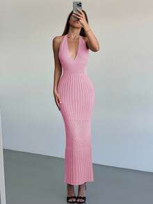 Aloruh 新款钩针编织露背深V领性感度假/约会/休闲针织连衣裙 - 粉色 - 查看 7