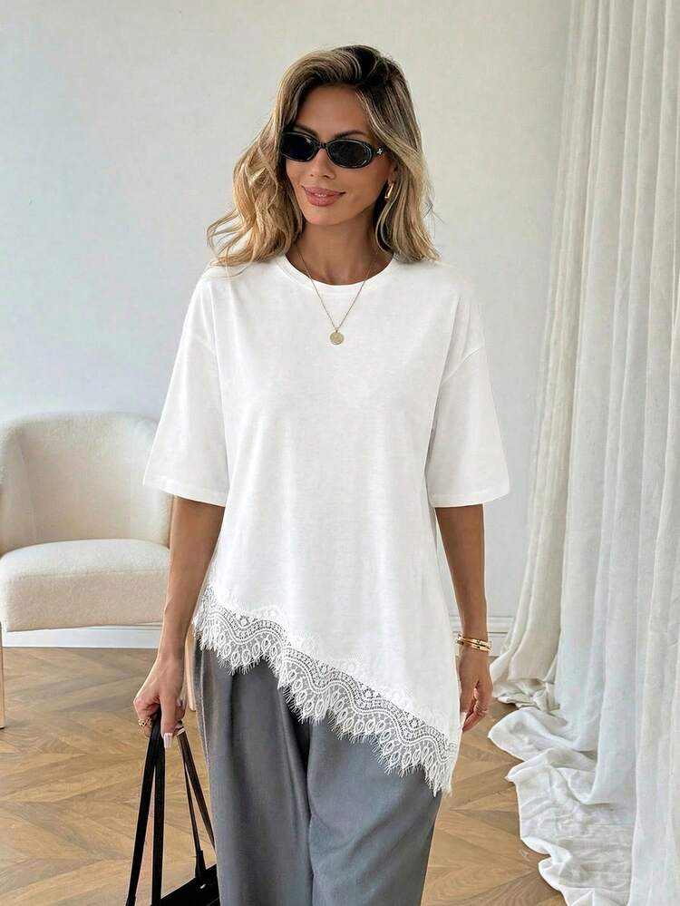 SHEIN LUNE Women's Casual Solid Color Asymmetrical Hem Lace Patchwork T-Shirt, Basic Everyday Wear, Spring/Summer - White - View 4