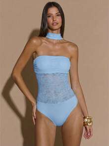 SHEIN BAE 女士性感蕾丝拼接抹胸连体衣，适合夜店派对、鸡尾酒会、日常穿着、节日、假期、万圣节、圣诞节等场合。 - 淺藍色 - 查看 4