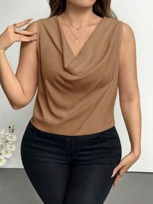 SHEIN Privé Áo kiểu dáng thanh lịch, cổ khoét sâu, không tay, ôm sát, cỡ lớn, thích hợp cho tiệc tùng và hẹn hò, mùa xuân/hè. - Lạc đà - Xem 10