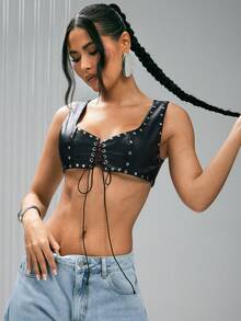 Denimoi 铆钉系带露脐仿皮胸衣上装，性感上衣，适合演唱会和夜店穿着 - 黑色 - 查看 5