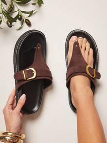 SHUZIA Women's Fashion Casual Comfy Adjustable Buckled Thone Flat Sandals - Chocolate Brown - View 2