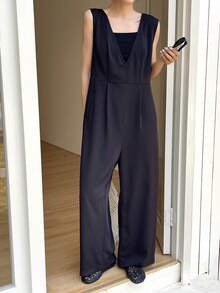 FRIFUL Women's Solid Color Jumpsuit With Suspenders Jumpsuit - Black - View 5