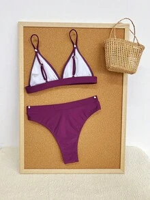 Swim Basics Women's Solid Color Minimalist Bra And High Cut Bikini Bottoms Set, Suitable For Vacation And Beach - Purple - View 2