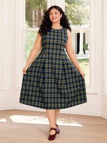 Solflare Plus Size Women's Casual Plaid Round Neck Sleeveless Dress, Spring/Summer,Carnival Women Look 2026,Going Out Outfits, Holiday Outfits,Vintage Sleeveless Waist Gathered A-Line Plaid Dress,Frenchy Women Dresses Elenzga Women Dress - Multicolor - View 3