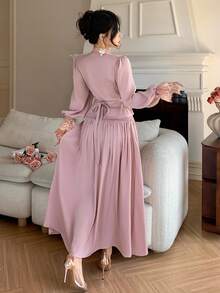 DAZY Women's V-Neck Lace Patchwork Wrap Long Sleeve Top And Long Skirt Elegant 2-Piece Set - Pink - View 4