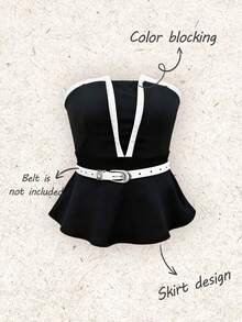 Franclia Women's Contrast Trim Elegant Peplum Bandeau Top - Black - View 3