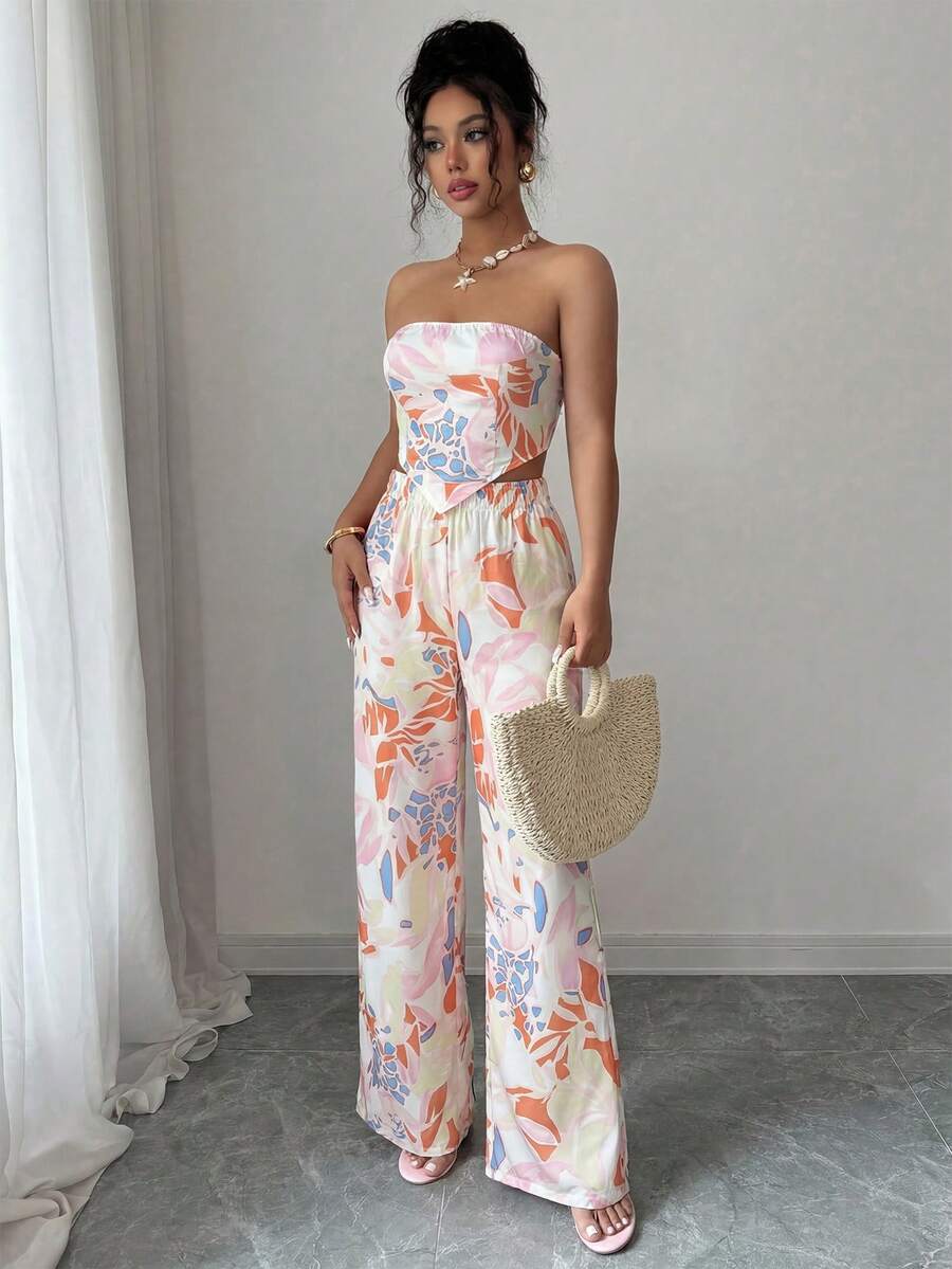 Elenzga 两件套女士抹胸蝴蝶结露脐上衣和印花半裙，优雅浪漫假日套装 - 彩色 - 查看 1