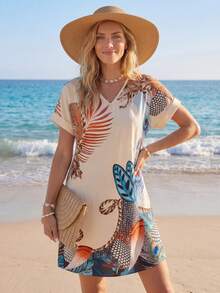 Sylviya 熱帶圖案蝙蝠袖直筒連衣裙 - 杏色 - 查看 1