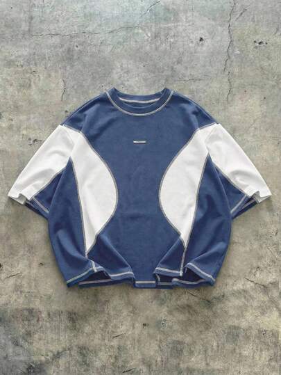 AXEPEAK 加大码男士撞色短袖圆领休闲T恤，夏季