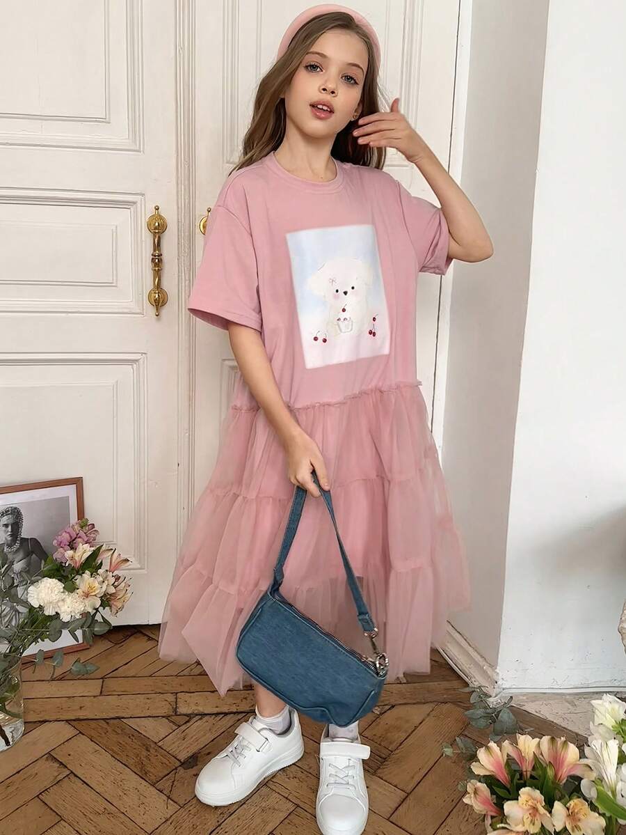 DAZY Đầm ngắn tay cổ tròn dệt kim in họa tiết phối lưới tương phản cho bé gái, trang phục mùa thu hè. - Hồng - Xem 1