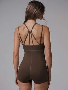 Musera Sport Bộ áo liền quần thể thao dáng suông xếp ly, khoét eo, thích hợp cho tập luyện thể thao, tập gym, pilates, thể dục, mặc hàng ngày, kiểu dáng bánh pudding chuối, mùa hè. - Màu nâu  Mocha - Xem 4