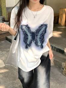 DAZY 女士夏季美式风格毛边蝴蝶贴片宽松休闲独特设计T恤 - 白色 - 查看 8