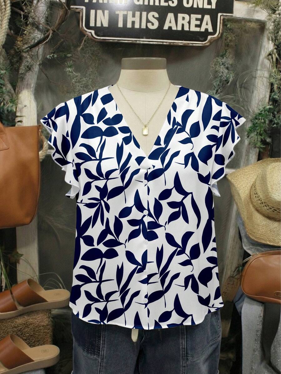 EMERY ROSE VCAY Floral Print Casual Loose Blouse For Plus Size Women, Suitable For Summer Chic Blouses For WomenIn Fall/Winter - Multicolor - View 1