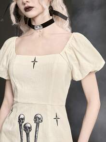 ROMWE Goth Spring/SummergraphicWomen's Dark Skull, Nail, Cross Print Mini Skater Dress, Spring/Summer - White - View 4