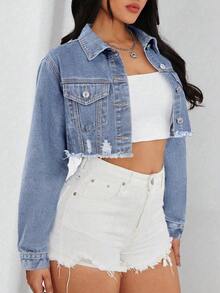 Jeanoix Short Frayed Hem Long Sleeve Casual Button Front Denim Jacket, Versatile - Light Wash - View 3