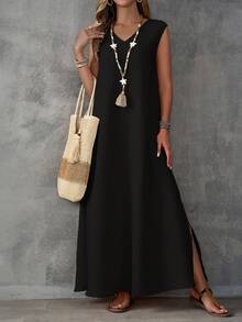 EMERY ROSE 大码纯色V领无袖开衩休闲长裙，夏季黑色沙滩裙亚麻长款连衣裙，夏季黑色长款连衣裙，女士度假套装，女士夏季服装，女士连衣裙，女士休闲长裙，女士波西米亚风服装，女士连衣裙，波西米亚风 - 彩色 - 查看 1