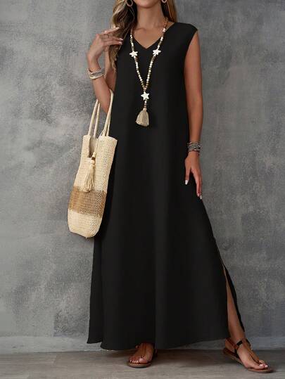 EMERY ROSE Plus Size Solid V-Neck Sleeveless Slit Casual Long Dress, Summer