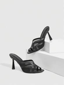 CUCCOO SZL Women's Fashion Mesh & PU Patchwork Comfortable Stiletto Sandals, Suitable For Office Wear, Autumn/Winter Spring Shoes Prom Heels Summer Shoes - Black - View 2