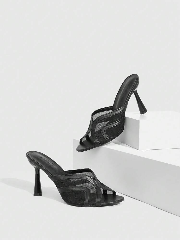 CUCCOO SZL Women's Fashion Mesh & PU Patchwork Comfortable Stiletto Sandals, Suitable For Office Wear, Autumn/Winter Spring Shoes Prom Heels