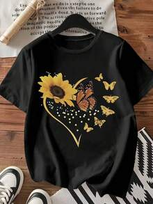 EMERY ROSE 女士休闲圆领T恤，春夏向日葵蝴蝶印花T恤，女士图案上衣，柔软舒适 - 黑色 - 查看 1
