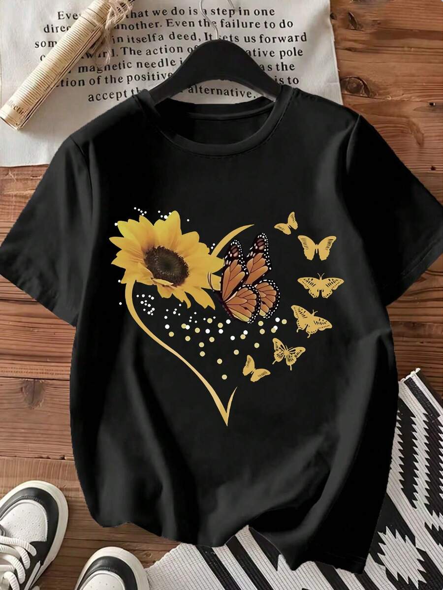 EMERY ROSE 女士休闲圆领T恤，春夏向日葵蝴蝶印花T恤，女士图案上衣，柔软舒适 - 黑色 - 查看 1