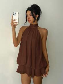 Aloruh Vestido mini elegante de mujer con cuello halter y lazo en color amarillo claro - Óxido marrón - Ver 4