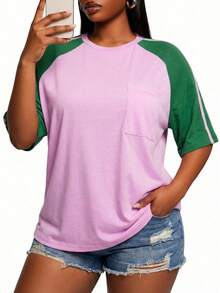 SHEIN SXY Áo thun nữ cỡ lớn cổ tròn tay raglan phối màu tương phản dáng rộng thoải mái - Nhiều màu - Xem 5