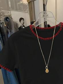 Resyla Kaos Lengan Pendek Wanita Kasual dengan Warna Kontras dan Bordir, Musim Panas - Hitam - View 5