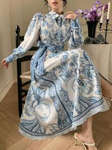 DAZY Đầm maxi thanh lịch màu xanh trắng phối sứ tương phản, thích hợp cho ngày Valentine, đám cưới, tiệc tùng, sự kiện trang trọng, sự kiện thời trang, đi làm, thắt eo, chân váy xòe, tay dài. - Màu xanh lam - Xem 1