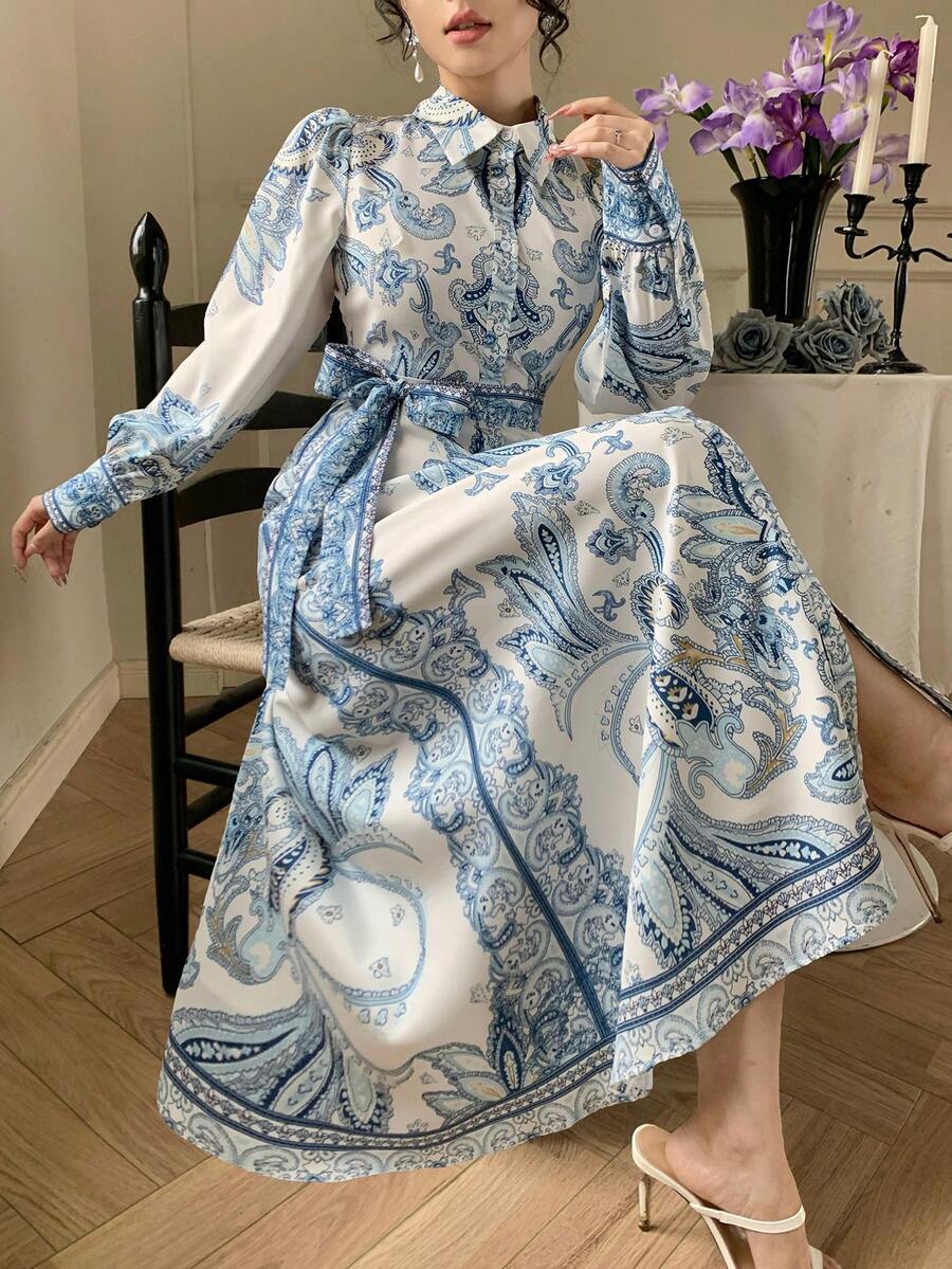 DAZY Đầm maxi thanh lịch màu xanh trắng phối sứ tương phản, thích hợp cho ngày Valentine, đám cưới, tiệc tùng, sự kiện trang trọng, sự kiện thời trang, đi làm, thắt eo, chân váy xòe, tay dài. - Màu xanh lam - Xem 1