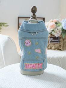 PETSIN 1pc Cat/Dog Universal Clothes, Embroidered Pet Blue Jacket, American Western Style, With Traction D-Shaped Ring, Pet Spring Fashion Jacket - Blue - View 4