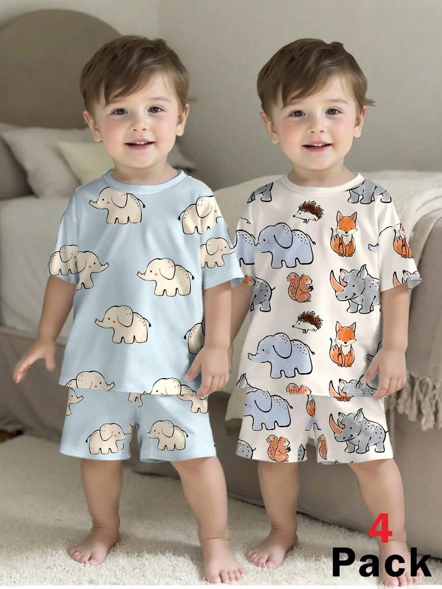SHEIN 4件套男童宽松休闲两件套睡衣套装，适合夏季穿着 - 彩色 - 查看 1