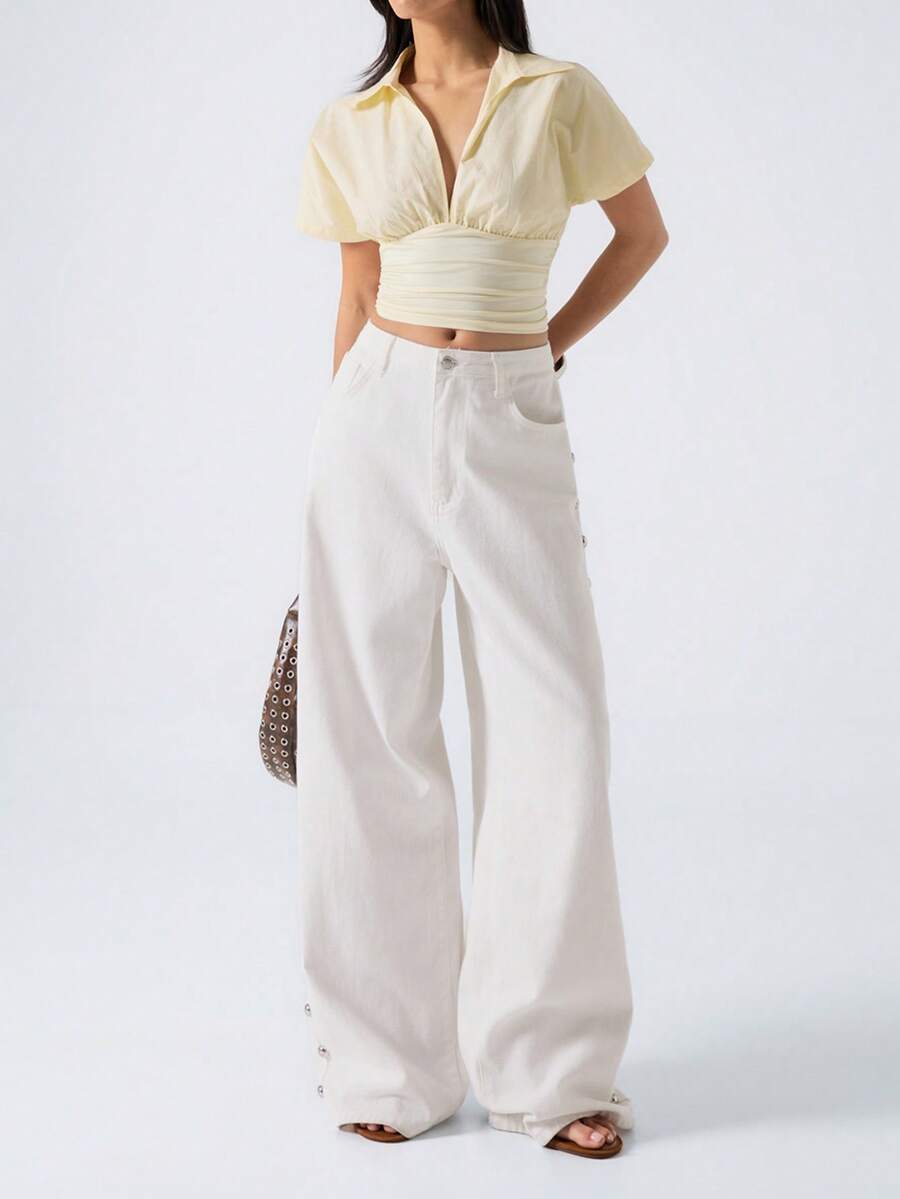 LYSMO 纯色蝙蝠袖褶皱宽下摆衬衫 - 淡黃色 - 查看 1