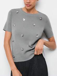 Maija Áo thun nữ cổ tròn tay ngắn đính sequin họa tiết hoa, kiểu dáng thường ngày, đa năng, thích hợp mặc hàng ngày, mùa hè, kỳ nghỉ hè, mùa xuân, dự tiệc, đi biển, đi chơi, thanh lịch, áo sequin lấp lánh. - Màu Xám nhạt - Xem 1