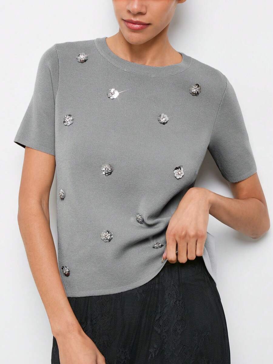 Maija Áo thun nữ cổ tròn tay ngắn đính sequin họa tiết hoa, kiểu dáng thường ngày, đa năng, thích hợp mặc hàng ngày, mùa hè, kỳ nghỉ hè, mùa xuân, dự tiệc, đi biển, đi chơi, thanh lịch, áo sequin lấp lánh. - Màu Xám nhạt - Xem 1